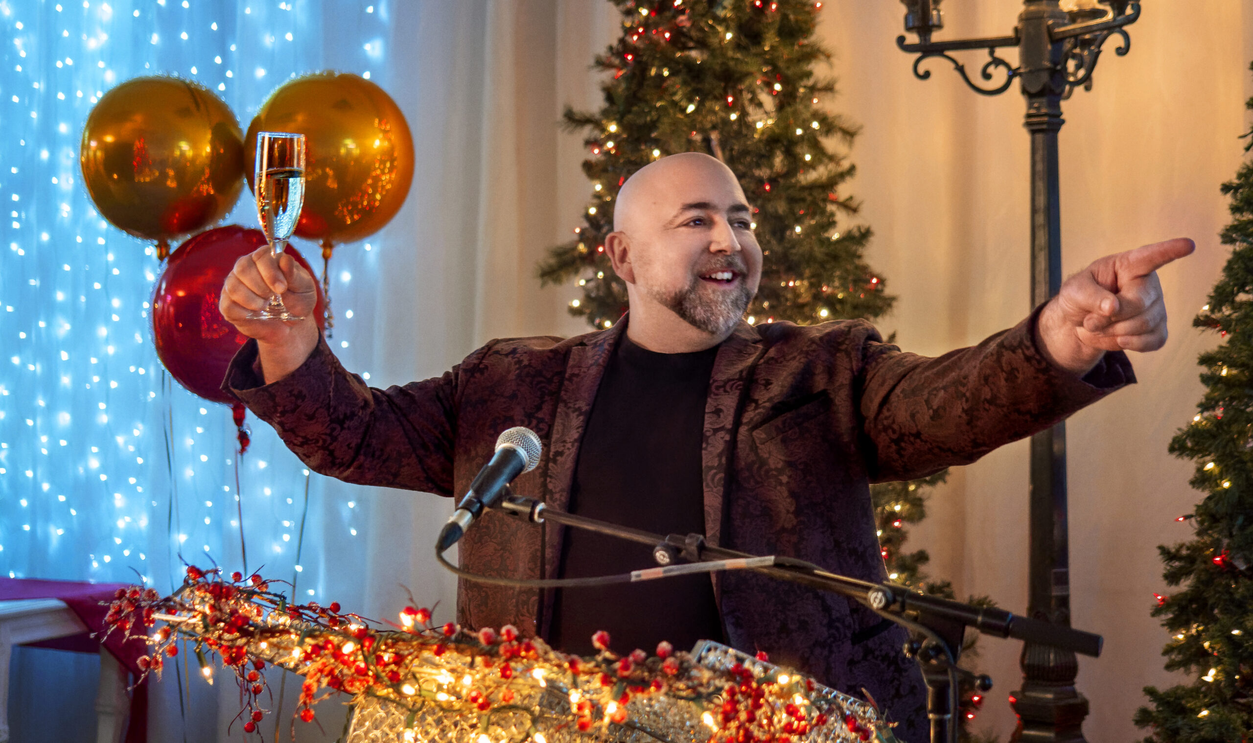 Duff Goldman as Mark Clemmons gives his introduction speech, as seen on A Gingerbread Christmas, Special.